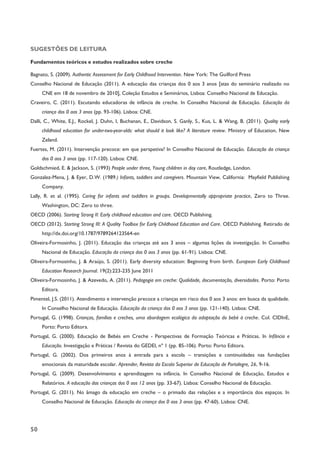 50
SUGESTÕES DE LEITURA
Fundamentos teóricos e estudos realizados sobre creche
Bagnato, S. (2009). Authentic Assessment for Early Childhood Intervention. New York: The Guilford Press
Conselho Nacional de Educação (2011). A educação das crianças dos 0 aos 3 anos [atas do seminário realizado no
CNE em 18 de novembro de 2010], Coleção Estudos e Seminários, Lisboa: Conselho Nacional de Educação.
Craveiro, C. (2011). Escutando educadoras de infância de creche. In Conselho Nacional de Educação. Educação da
criança dos 0 aos 3 anos (pp. 93-106). Lisboa: CNE.
Dalli, C., White, E.J., Rockel, J. Duhn, I, Buchanan, E., Davidson, S. Ganly, S., Kus, L. & Wang, B. (2011). Quality early
childhood education for under-two-year-olds: what should it look like? A literature review. Ministry of Education, New
Zeland.
Fuertes, M. (2011). Intervenção precoce: em que perspetiva? In Conselho Nacional de Educação. Educação da criança
dos 0 aos 3 anos (pp. 117-120). Lisboa: CNE.
Goldschmied, E. & Jackson, S. (1993) People under three, Young children in day care, Routledge, London.
Gonzalez-Mena, J. & Eyer, D.W. (1989.) Infants, toddlers and caregivers. Mountain View, California: Mayfield Publishing
Company.
Lally, R. et al. (1995). Caring for infants and toddlers in groups. Developmentally appropriate practice, Zero to Three.
Washington, DC: Zero to three.
OECD (2006). Starting Strong II: Early childhood education and care. OECD Publishing.
OECD (2012). Starting Strong III: A Quality Toolbox for Early Childhood Education and Care. OECD Publishing. Retirado de
http://dx.doi.org/10.1787/9789264123564-en
Oliveira-Formosinho, J. (2011). Educação das crianças até aos 3 anos – algumas lições da investigação. In Conselho
Nacional de Educação. Educação da criança dos 0 aos 3 anos (pp. 61-91). Lisboa: CNE.
Oliveira-Formosinho, J. & Araújo, S. (2011). Early diversity education: Beginning from birth. European Early Childhood
Education Research Journal. 19(2):223-235 June 2011
Oliveira-Formosinho, J. & Azevedo, A. (2011). Pedagogia em creche: Qualidade, documentação, diversidades. Porto: Porto
Editora.
Pimentel, J.S. (2011). Atendimento e intervenção precoce a crianças em risco dos 0 aos 3 anos: em busca da qualidade.
In Conselho Nacional de Educação. Educação da criança dos 0 aos 3 anos (pp. 121-140). Lisboa: CNE.
Portugal, G. (1998). Crianças, famílias e creches, uma abordagem ecológica da adaptação do bebé à creche. Col. CIDInE,
Porto: Porto Editora.
Portugal, G. (2000). Educação de Bebés em Creche - Perspectivas de Formação Teóricas e Práticas. In Infância e
Educação. Investigação e Práticas / Revista do GEDEI, nº 1 (pp. 85-106). Porto: Porto Editora.
Portugal, G. (2002). Dos primeiros anos à entrada para a escola – transições e continuidades nas fundações
emocionais da maturidade escolar. Aprender, Revista da Escola Superior de Educação de Portalegre, 26, 9-16.
Portugal, G. (2009). Desenvolvimento e aprendizagem na infância. In Conselho Nacional de Educação, Estudos e
Relatórios. A educação das crianças dos 0 aos 12 anos (pp. 33-67). Lisboa: Conselho Nacional de Educação.
Portugal, G. (2011). No âmago da educação em creche – o primado das relações e a importância dos espaços. In
Conselho Nacional de Educação. Educação da criança dos 0 aos 3 anos (pp. 47-60). Lisboa: CNE.
 