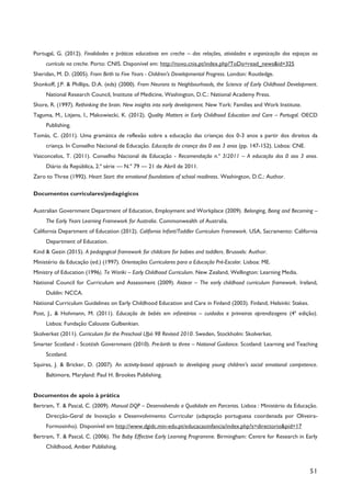 51
Portugal, G. (2012). Finalidades e práticas educativas em creche – das relações, atividades e organização dos espaços ao
currículo na creche. Porto: CNIS. Disponível em: http://novo.cnis.pt/index.php?ToDo=read_news&id=325
Sheridan, M. D. (2005). From Birth to Five Years - Children's Developmental Progress. London: Routledge.
Shonkoff, J.P. & Phillips, D.A. (eds) (2000). From Neurons to Neighbourhoods, the Science of Early Childhood Development.
National Research Council, Institute of Medicine, Washington, D.C.: National Academy Press.
Shore, R. (1997). Rethinking the brain. New insights into early development. New York: Families and Work Institute.
Taguma, M., Litjens, I., Makowiecki, K. (2012). Quality Matters in Early Childhood Education and Care – Portugal. OECD
Publishing.
Tomás, C. (2011). Uma gramática de reflexão sobre a educação das crianças dos 0-3 anos a partir dos direitos da
criança. In Conselho Nacional de Educação. Educação da criança dos 0 aos 3 anos (pp. 147-152). Lisboa: CNE.
Vasconcelos, T. (2011). Conselho Nacional de Educação - Recomendação n.º 3/2011 – A educação dos 0 aos 3 anos.
Diário da República, 2.ª série — N.º 79 — 21 de Abril de 2011.
Zero to Three (1992). Heart Start: the emotional foundations of school readiness. Washington, D.C.: Author.
Documentos curriculares/pedagógicos
Australian Government Department of Education, Employment and Workplace (2009). Belonging, Being and Becoming –
The Early Years Learning Framework for Australia. Commonwealth of Australia.
California Department of Education (2012). California Infant/Toddler Curriculum Framework. USA, Sacramento: California
Department of Education.
Kind & Gezin (2015). A pedagogical framework for childcare for babies and toddlers. Brussels: Author.
Ministério da Educação (ed.) (1997). Orientações Curriculares para a Educação Pré-Escolar. Lisboa: ME.
Ministry of Education (1996). Te Wariki – Early Childhood Curriculum. New Zealand, Wellington: Learning Media.
National Council for Curriculum and Assessment (2009). Aistear – The early childhood curriculum framework. Ireland,
Dublin: NCCA.
National Curriculum Guidelines on Early Childhood Education and Care in Finland (2003). Finland, Helsinki: Stakes.
Post, J., & Hohmann, M. (2011). Educação de bebés em infantários – cuidados e primeiras aprendizagens (4ª edição).
Lisboa: Fundação Calouste Gulbenkian.
Skolverket (2011). Curriculum for the Preschool Lfpö 98 Revised 2010. Sweden, Stockholm: Skolverket.
Smarter Scotland - Scottish Government (2010). Pre-birth to three – National Guidance. Scotland: Learning and Teaching
Scotland.
Squires, J. & Bricker, D. (2007). An activity-based approach to developing young children’s social emotional competence.
Baltimore, Maryland: Paul H. Brookes Publishing.
Documentos de apoio à prática
Bertram, T. & Pascal, C. (2009). Manual DQP – Desenvolvendo a Qualidade em Parcerias. Lisboa : Ministério da Educação.
Direcção-Geral de Inovação e Desenvolvimento Curricular (adaptação portuguesa coordenada por Oliveira-
Formosinho). Disponível em http://www.dgidc.min-edu.pt/educacaoinfancia/index.php?s=directorio&pid=17
Bertram, T. & Pascal, C. (2006). The Baby Effective Early Learning Programme. Birmingham: Centre for Research in Early
Childhood, Amber Publishing.
 