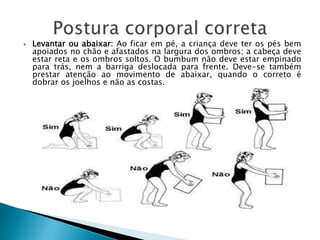 

Levantar ou abaixar: Ao ficar em pé, a criança deve ter os pés bem
apoiados no chão e afastados na largura dos ombros; a cabeça deve
estar reta e os ombros soltos. O bumbum não deve estar empinado
para trás, nem a barriga deslocada para frente. Deve-se também
prestar atenção ao movimento de abaixar, quando o correto é
dobrar os joelhos e não as costas.

 