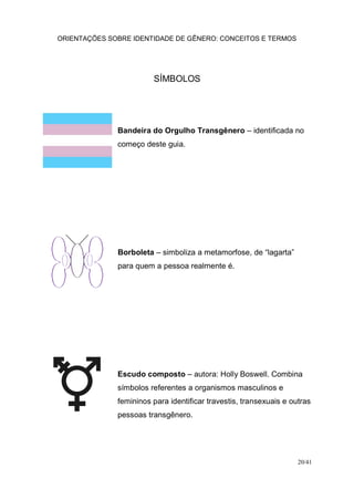 ORIENTAÇÕES SOBRE IDENTIDADE DE GÊNERO: CONCEITOS E TERMOS
20/41
SÍMBOLOS
Bandeira do Orgulho Transgênero – identificada no
começo deste guia.
Borboleta – simboliza a metamorfose, de “lagarta”
para quem a pessoa realmente é.
Escudo composto – autora: Holly Boswell. Combina
símbolos referentes a organismos masculinos e
femininos para identificar travestis, transexuais e outras
pessoas transgênero.
 