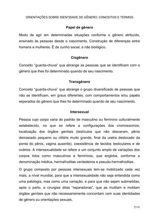 ORIENTAÇÕES SOBRE IDENTIDADE DE GÊNERO: CONCEITOS E TERMOS
25/41
Papel de gênero
Modo de agir em determinadas situações conforme o gênero atribuído,
ensinado às pessoas desde o nascimento. Construção de diferenças entre
homens e mulheres. É de cunho social, e não biológico.
Cisgênero
Conceito “guarda-chuva” que abrange as pessoas que se identificam com o
gênero que lhes foi determinado quando de seu nascimento.
Transgênero
Conceito “guarda-chuva” que abrange o grupo diversificado de pessoas que
não se identificam, em graus diferentes, com comportamentos e/ou papéis
esperados do gênero que lhes foi determinado quando de seu nascimento.
Intersexual
Pessoa cujo corpo varia do padrão de masculino ou feminino culturalmente
estabelecido, no que se refere a configurações dos cromossomos,
localização dos órgãos genitais (testículos que não desceram, pênis
demasiado pequeno ou clitóris muito grande, final da uretra deslocado da
ponta do pênis, vagina ausente), coexistência de tecidos testiculares e de
ovários. A intersexualidade se refere a um conjunto amplo de variações dos
corpos tidos como masculinos e femininos, que engloba, conforme a
denominação médica, hermafroditas verdadeiros e pseudo-hermafroditas.
O grupo composto por pessoas intersexuais tem-se mobilizado cada vez
mais, a nível mundial, para que a intersexualidade não seja entendida como
uma patologia, mas como uma variação, e para que não sejam submetidas,
após o parto, a cirurgias ditas “reparadoras”, que as mutilam e moldam
órgãos genitais que não necessariamente concordam com suas identidades
de gênero ou orientações sexuais.
 
