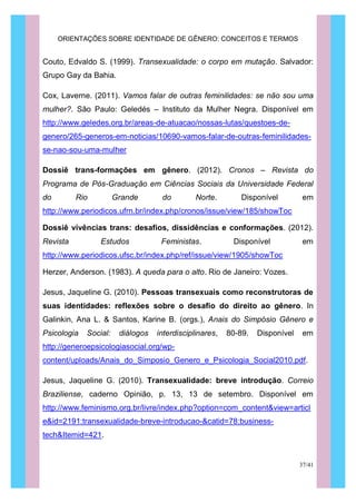 ORIENTAÇÕES SOBRE IDENTIDADE DE GÊNERO: CONCEITOS E TERMOS
37/41
Couto, Edvaldo S. (1999). Transexualidade: o corpo em mutação. Salvador:
Grupo Gay da Bahia.
Cox, Laverne. (2011). Vamos falar de outras feminilidades: se não sou uma
mulher?. São Paulo: Geledés – Instituto da Mulher Negra. Disponível em
http://www.geledes.org.br/areas-de-atuacao/nossas-lutas/questoes-de-
genero/265-generos-em-noticias/10690-vamos-falar-de-outras-feminilidades-
se-nao-sou-uma-mulher
Dossiê trans-formações em gênero. (2012). Cronos – Revista do
Programa de Pós-Graduação em Ciências Sociais da Universidade Federal
do Rio Grande do Norte. Disponível em
http://www.periodicos.ufrn.br/index.php/cronos/issue/view/185/showToc
Dossiê vivências trans: desafios, dissidências e conformações. (2012).
Revista Estudos Feministas. Disponível em
http://www.periodicos.ufsc.br/index.php/ref/issue/view/1905/showToc
Herzer, Anderson. (1983). A queda para o alto. Rio de Janeiro: Vozes.
Jesus, Jaqueline G. (2010). Pessoas transexuais como reconstrutoras de
suas identidades: reflexões sobre o desafio do direito ao gênero. In
Galinkin, Ana L. & Santos, Karine B. (orgs.), Anais do Simpósio Gênero e
Psicologia Social: diálogos interdisciplinares, 80-89. Disponível em
http://generoepsicologiasocial.org/wp-
content/uploads/Anais_do_Simposio_Genero_e_Psicologia_Social2010.pdf.
Jesus, Jaqueline G. (2010). Transexualidade: breve introdução. Correio
Braziliense, caderno Opinião, p. 13, 13 de setembro. Disponível em
http://www.feminismo.org.br/livre/index.php?option=com_content&view=articl
e&id=2191:transexualidade-breve-introducao-&catid=78:business-
tech&Itemid=421.
 