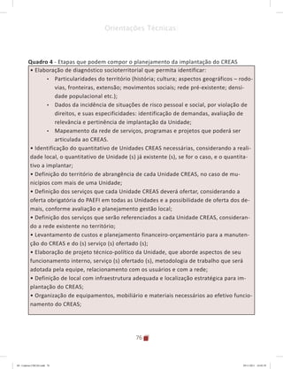 76
Orientações Técnicas:
Quadro 4 - Etapas que podem compor o planejamento da implantação do CREAS
• Elaboração de diagnóstico socioterritorial que permita identificar:
•	 Particularidades do território (história; cultura; aspectos geográficos – rodo-
vias, fronteiras, extensão; movimentos sociais; rede pré-existente; densi-
dade populacional etc.);
•	 Dados da incidência de situações de risco pessoal e social, por violação de
direitos, e suas especificidades: identificação de demandas, avaliação de
relevância e pertinência de implantação da Unidade;
•	 Mapeamento da rede de serviços, programas e projetos que poderá ser
articulada ao CREAS.
• Identificação do quantitativo de Unidades CREAS necessárias, considerando a reali-
dade local, o quantitativo de Unidade (s) já existente (s), se for o caso, e o quantita-
tivo a implantar;
• Definição do território de abrangência de cada Unidade CREAS, no caso de mu-
nicípios com mais de uma Unidade;
• Definição dos serviços que cada Unidade CREAS deverá ofertar, considerando a
oferta obrigatória do PAEFI em todas as Unidades e a possibilidade de oferta dos de-
mais, conforme avaliação e planejamento gestão local;
• Definição dos serviços que serão referenciados a cada Unidade CREAS, consideran-
do a rede existente no território;
• Levantamento de custos e planejamento financeiro-orçamentário para a manuten-
ção do CREAS e do (s) serviço (s) ofertado (s);
• Elaboração de projeto técnico-político da Unidade, que aborde aspectos de seu
funcionamento interno, serviço (s) ofertado (s), metodologia de trabalho que será
adotada pela equipe, relacionamento com os usuários e com a rede;
• Definição de local com infraestrutura adequada e localização estratégica para im-
plantação do CREAS;
• Organização de equipamentos, mobiliário e materiais necessários ao efetivo funcio-
namento do CREAS;
04	-	Caderno	CREAS.indd			76 29/11/2011			16:02:59
 