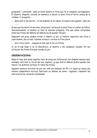 JOCS I ACTIVITATS DE LLENGUA. EXPRESSIÓ ORAL I VOCABULARI
11
preguntat i contestat, cada un d’ells donarà la fitxa que té al company corresponent.
El mestre, després, convida un alumne/a a deixar la seva fitxa al terra, enmig de la
rotllana i li pregunta:
− Quin nom hi ha escrit? - Si els alumnes no ho saben, el mestre els ajudarà- Aquí diu
.........
El nen que ha sentit el seu nom, s’aixecarà i col·locarà la seva fitxa al costat de l’altra.
Successivament, el mestre va fent la mateixa pregunta, fins que estan col·locades
totes les fitxes del dòmino (el dòmino ha de quedar tancat).
Depenent del grup, podem tornar a repetir el joc: el mestre reparteix una fitxa a
cada alumne, diu un nom, l’alumne s’aixeca i col·loca la fitxa dient:
− Ara li toca en/la …. (segons el nom que hi ha a la fitxa).
Si no el sap llegir o no el descobreix, el mestre o els companys l’ajuden. Es van
col·locant les fitxes fins que s’acaba el joc.
OBSERVACIONS:
Quan hi hagi dos noms repetits hem de procurar diferenciar-los d’alguna manera (per
exemple, escrivint la inicial del seu cognom), ja que sinó el dòmino podria quedar-nos
tancat i no podríem col·locar-hi totes les fitxes.
Aquesta mateixa activitat es pot fer amb els alumnes de P5 o 1r (quan ja tenen una
mínima competència lectora) fabricant un dòmino de noms i cognoms i ampliant les
estructures de conversa treballades.
 