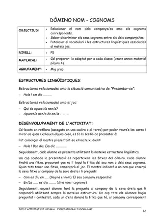 JOCS I ACTIVITATS DE LLENGUA. EXPRESSIÓ ORAL I VOCABULARI
12
DÒMINO NOM - COGNOMS
OBJECTIUS: • Relacionar el nom dels companys/es amb els cognoms
corresponents.
• Saber discriminar els seus cognoms entre els dels companys/es.
• Potenciar el vocabulari i les estructures lingüístiques associades
al mateix joc.
NIVELL: • P5
MATERIAL:
• Cal preparar- lo adaptat per a cada classe (veure annex material
pàgina 4)
AGRUPAMENT: • Mig grup
ESTRUCTURES LINGÜÍSTIQUES:
Estructures relacionades amb la situació comunicativa de “Presentar-se”:
− Hola ! em dic …………
Estructures relacionades amb el joc:
− Qui és aquest/a nen/a?
− Aquest/a nen/a és en/la -------
DESENVOLUPAMENT DE L'ACTIVITAT:
Col·locats en rotllana (asseguts en una cadira o al terra) per poder veure’s les cares i
mirar-se quan expliquen alguna cosa, es fa la sessió de presentació:
Pot començar el mestre presentant-se ell mateix, dient:
− Hola ! Bon dia. Em dic ……………
Seguidament, cada alumne es presenta utilitzant la mateixa estructura lingüística.
Un cop acabada la presentació es reparteixen les fitxes del dòmino. Cada alumne
tindrà una fitxa, procurant que no li toqui la fitxa del seu nom o dels seus cognoms.
Quan tots tenen una fitxa, començarà el joc. El mestre indicarà a un nen que ensenyi
la seva fitxa al company de la seva dreta i li pregunti:
− Com es diu en …… (llegirà el nom). El seu company respondrà:
− En/La ……. es diu ………. (dirà nom i cognoms)
Seguidament, aquest alumne farà la pregunta al company de la seva dreta que li
respondrà utilitzant sempre la mateixa estructura. Un cop tots els alumnes hagin
preguntat i contestat, cada un d’ells donarà la fitxa que té, al company corresponent
 