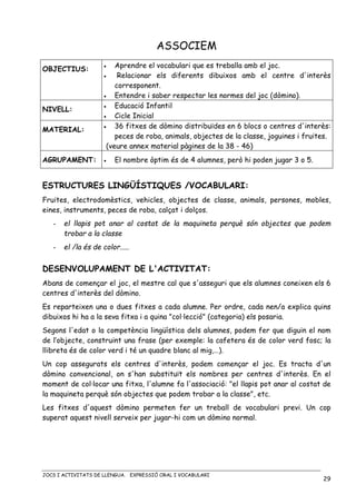 JOCS I ACTIVITATS DE LLENGUA. EXPRESSIÓ ORAL I VOCABULARI
29
ASSOCIEM
OBJECTIUS: • Aprendre el vocabulari que es treballa amb el joc.
• Relacionar els diferents dibuixos amb el centre d'interès
corresponent.
• Entendre i saber respectar les normes del joc (dòmino).
NIVELL:
• Educació Infantil
• Cicle Inicial
MATERIAL:
• 36 fitxes de dòmino distribuïdes en 6 blocs o centres d'interès:
peces de roba, animals, objectes de la classe, joguines i fruites.
(veure annex material pàgines de la 38 - 46)
AGRUPAMENT: • El nombre òptim és de 4 alumnes, però hi poden jugar 3 o 5.
ESTRUCTURES LINGÜÍSTIQUES /VOCABULARI:
Fruites, electrodomèstics, vehicles, objectes de classe, animals, persones, mobles,
eines, instruments, peces de roba, calçat i dolços.
- el llapis pot anar al costat de la maquineta perquè són objectes que podem
trobar a la classe
- el /la és de color.....
DESENVOLUPAMENT DE L'ACTIVITAT:
Abans de començar el joc, el mestre cal que s'asseguri que els alumnes coneixen els 6
centres d'interès del dòmino.
Es reparteixen una o dues fitxes a cada alumne. Per ordre, cada nen/a explica quins
dibuixos hi ha a la seva fitxa i a quina "col·lecció" (categoria) els posaria.
Segons l'edat o la competència lingüística dels alumnes, podem fer que diguin el nom
de l’objecte, construint una frase (per exemple: la cafetera és de color verd fosc; la
llibreta és de color verd i té un quadre blanc al mig,…).
Un cop assegurats els centres d'interès, podem començar el joc. Es tracta d'un
dòmino convencional, on s'han substituït els nombres per centres d'interès. En el
moment de col·locar una fitxa, l'alumne fa l'associació: "el llapis pot anar al costat de
la maquineta perquè són objectes que podem trobar a la classe", etc.
Les fitxes d'aquest dòmino permeten fer un treball de vocabulari previ. Un cop
superat aquest nivell serveix per jugar-hi com un dòmino normal.
 