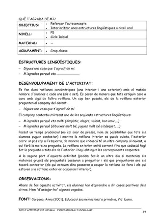 JOCS I ACTIVITATS DE LLENGUA. EXPRESSIÓ ORAL I VOCABULARI
39
QUÈ T'AGRADA DE MI?
OBJECTIUS: • Reforçar l'autoconcepte
• Interioritzar unes estructures lingüístiques a nivell oral
NIVELL:
• P5
• Cicle Inicial
MATERIAL: • --
AGRUPAMENT: • Grup classe.
ESTRUCTURES LINGÜÍSTIQUES:
− Digues una cosa que t'agradi de mi.
− M'agrades perquè ets .............................
DESENVOLUPAMENT DE L'ACTIVITAT:
Es fan dues rotllanes concèntriques (una interior i una exterior) amb el mateix
nombre d'alumnes a cada una (sis o set). Es posen de manera que tots estiguin cara a
cara amb algú de l’altra rotllana. Un cop ben posats, els de la rotllana exterior
pregunten al company del davant:
− Digues una cosa que t'agradi de mi.
El company contesta utilitzant una de les següents estructures lingüístiques:
− M'agrades perquè ets molt: (simpàtic, alegre, valent, bon amic,...)
− M'agrades perquè (dibuixes molt bé, jugues molt bé a bàsquet, ...)
Passat un temps prudencial (no cal anar de pressa, hem de possibilitar que tots els
alumnes puguin contestar) i mentre la rotllana interior es queda quieta, l'exterior
corre un pas cap a l'esquerra, de manera que cadascú té un altre company al davant, a
qui farà la mateixa pregunta. La rotllana exterior anirà corrent fins que cadascú hagi
fet la pregunta a tots els de l'interior i hagi obtingut les corresponents respostes.
A la segona part d'aquesta activitat (podem fer-la un altre dia si mantenim els
mateixos grups) els preguntats passaran a preguntar i els que preguntaven ara els
tocarà contestar (els qui estaven dins passaran a ocupar la rotllana de fora i els qui
estaven a la rotllana exterior ocuparan l'interior).
OBSERVACIONS:
Abans de fer aquesta activitat, els alumnes han d’aprendre a dir coses positives dels
altres. Hem "d'assajar-ho" algunes vegades.
FONT: Carpena, Anna (2001). Educació socioemocional a primària, Vic: Eumo.
 