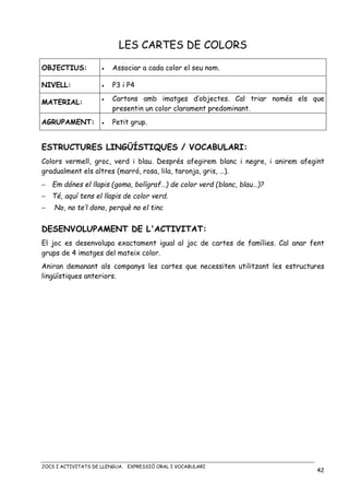 JOCS I ACTIVITATS DE LLENGUA. EXPRESSIÓ ORAL I VOCABULARI
42
LES CARTES DE COLORS
OBJECTIUS: • Associar a cada color el seu nom.
NIVELL: • P3 i P4
MATERIAL:
• Cartons amb imatges d’objectes. Cal triar només els que
presentin un color clarament predominant.
AGRUPAMENT: • Petit grup.
ESTRUCTURES LINGÜÍSTIQUES / VOCABULARI:
Colors vermell, groc, verd i blau. Després afegirem blanc i negre, i anirem afegint
gradualment els altres (marró, rosa, lila, taronja, gris, …).
− Em dónes el llapis (goma, bolígraf…) de color verd (blanc, blau…)?
− Té, aquí tens el llapis de color verd.
− No, no te’l dono, perquè no el tinc
DESENVOLUPAMENT DE L'ACTIVITAT:
El joc es desenvolupa exactament igual al joc de cartes de famílies. Cal anar fent
grups de 4 imatges del mateix color.
Aniran demanant als companys les cartes que necessiten utilitzant les estructures
lingüístiques anteriors.
 