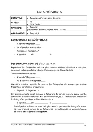 JOCS I ACTIVITATS DE LLENGUA. EXPRESSIÓ ORAL I VOCABULARI
44
PLATS PREPARATS
OBJECTIUS: • Descriure diferents plats de cuina .
NIVELL: • P5
• Cicle Inicial
MATERIAL:
• Material
(veure annex material pàgines de la 73 - 86)
AGRUPAMENT: • Grup mitjà
ESTRUCTURES LINGÜÍSTIQUES:
- M’agrada/ M’agraden .........
- No m’agrada / no m’agraden..........
- T’agrada....? T’agraden...?
- M’agraden ........, els ............................. i la .................................
DESENVOLUPAMENT DE L'ACTIVITAT:
Repartirem les fotografies amb els plats cuinats. Cadascú descriurà el seu plat,
comentant cadascun dels ingredients. S’anomenaran els diferents plats.
Treballarem les estructures:
- M’agrada/ M’agraden .........
- No m’agrada / no m’agraden..........
Una altra activitat possible és repartir les fotografies als alumnes que s’aniran
trobant per parelles i es preguntaran:
- T’agrada....? T’agraden...?
Si l’ alumne contesta que sí, li donarà la fotografia del plat. Si contesta que no, anirà a
demanar-ho a un altre company. Així es continuarà el joc. Al final cadascú presentarà
les fotografies que tingui utilitzant l’estructura:
- M’agraden ........, els ............................. i la .................................
També podem utilitzar els noms dels plats escrits per aparellar fotografia – nom.
Es repartiran els cartons de les fotografies i els dels noms i els alumnes s’hauran
de trobar amb la parella corresponent.
 