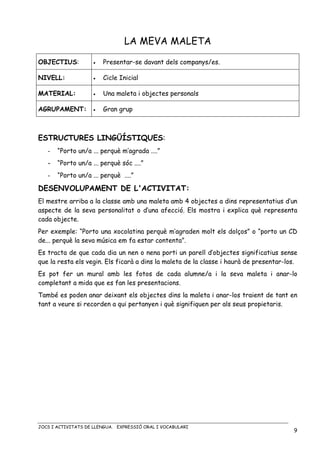 JOCS I ACTIVITATS DE LLENGUA. EXPRESSIÓ ORAL I VOCABULARI
9
LA MEVA MALETA
OBJECTIUS: • Presentar-se davant dels companys/es.
NIVELL: • Cicle Inicial
MATERIAL: • Una maleta i objectes personals
AGRUPAMENT: • Gran grup
ESTRUCTURES LINGÜÍSTIQUES:
- “Porto un/a ... perquè m’agrada ....”
- “Porto un/a ... perquè sóc ....”
- “Porto un/a ... perquè ....”
DESENVOLUPAMENT DE L'ACTIVITAT:
El mestre arriba a la classe amb una maleta amb 4 objectes a dins representatius d’un
aspecte de la seva personalitat o d’una afecció. Els mostra i explica què representa
cada objecte.
Per exemple: “Porto una xocolatina perquè m’agraden molt els dolços” o “porto un CD
de... perquè la seva música em fa estar contenta”.
Es tracta de que cada dia un nen o nena porti un parell d’objectes significatius sense
que la resta els vegin. Els ficarà a dins la maleta de la classe i haurà de presentar-los.
Es pot fer un mural amb les fotos de cada alumne/a i la seva maleta i anar-lo
completant a mida que es fan les presentacions.
També es poden anar deixant els objectes dins la maleta i anar-los traient de tant en
tant a veure si recorden a qui pertanyen i què signifiquen per als seus propietaris.
 