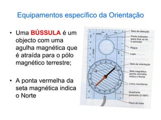 Equipamentos específico da Orientação
• Uma BÚSSULA é um
objecto com uma
agulha magnética que
é atraída para o pólo
magnético terrestre;
• A ponta vermelha da
seta magnética indica
o Norte
 