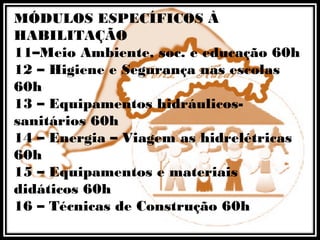 MÓDULOS ESPECÍFICOS À
HABILITAÇÃO
11–Meio Ambiente, soc. e educação 60h
12 – Higiene e Segurança nas escolas
60h
13 – Equipamentos hidráulicos-
sanitários 60h
14 – Energia – Viagem as hidrelétricas
60h
15 – Equipamentos e materiais
didáticos 60h
16 – Técnicas de Construção 60h
 