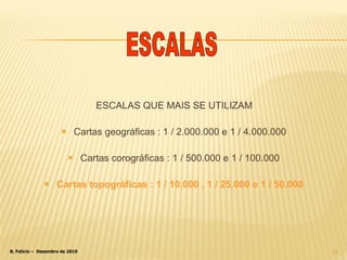 ESCALAS QUE MAIS SE UTILIZAM Cartas geográficas : 1 / 2.000.000 e 1 / 4.000.000 Cartas corográficas : 1 / 500.000 e 1 / 100.000 Cartas topográficas : 1 / 10.000 , 1 / 25.000 e 1 / 50.000 ESCALAS 