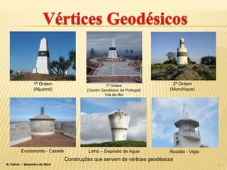 1ª Ordem (Aljustrel) Construções que servem de vértices geodésicos Évoramonte - Castelo Linhó – Depósito de Água 1ª Ordem (Centro Geodésico de Portugal) Vila de Rei Alcoitão - Vigia 2ª Ordem (Monchique) 