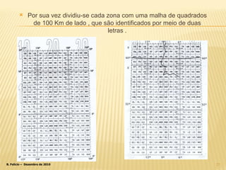 Por sua vez dividiu-se cada zona com uma malha de quadrados de 100 Km de lado , que são identificados por meio de duas letras . 