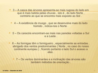 3 – A casca das árvores apresenta-se mais rugosa do lado em que é mais batida pelas chuvas , isto é , do lado Norte , contrário ao que se encontra mais exposto ao Sol . 4 – A existência de musgo , que se desenvolve mais do lado húmido , indica-nos o Norte . 5 – Os caracóis encontram-se mais nas paredes voltadas a Sul e a Leste . 6 – As formigas têm o formigueiro , especialmente as entradas , abrigado dos ventos predominantes ( Norte , no caso do nosso continente europeu ) , ficando portanto o lado Sul o acesso a eles . 7 – Os ventos dominantes e a inclinação das árvores são também métodos de orientação . 