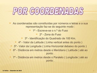 As coordenadas são constituídas por números e letras e a sua representação faz-se do seguinte modo : 1º - Escreve-se o n.º do Fuso 2º - Zona do Fuso 3º - Identificação do Quadrado de 100 Km. 4º - Valor da Latitude ( Linha vertical antes do ponto ) 5º - Valor da Longitude ( Linha Horizontal debaixo do ponto ) 6º - Distância em metros desde o Meridiano ( Latitude ) até ao ponto . 7º - Distância em metros desde o Paralelo ( Longitude ) até ao ponto . POR COORDENADAS 