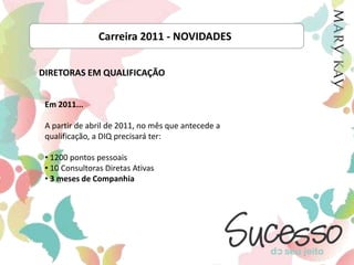 Carreira 2011 - NOVIDADESDIRETORAS EM QUALIFICAÇÃOEm 2011...A partir de abril de 2011, no mês que antecede a qualificação, a DIQ precisará ter:  1200 pontos pessoais