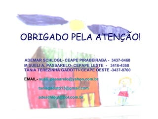OBRIGADO PELA ATENÇÃO! ADEMAR SCHLOGL- CEAPE PIRABEIRABA -  3437-0460 M SUELI A. PASSARELO- CEPAPE LESTE  -  3416-4368 TÂNIA TEREZINHA GADOTTI- CEAPE OESTE -3437-8700 EMAIL-  [email_address] [email_address] [email_address] 