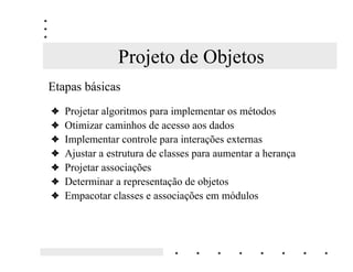 Projeto de Interface
Etapas principais

3   Análise de usuários e tarefas
3   Projeto inicial da interface
3   Avaliação da interface sem o usuário
3   Teste da interface com os usuários
3   Construção da interface
3   Acompanhar a utilização da interface pelos usuários
3   Adaptar o projeto de interface
 