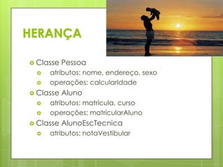 HERANÇAClasse Pessoa	atributos: nome, endereço, sexo	operações: calcularIdadeClasse Aluno	atributos: matrícula, curso	operações: matricularAlunoClasse AlunoEscTecnica	atributos: notaVestibular