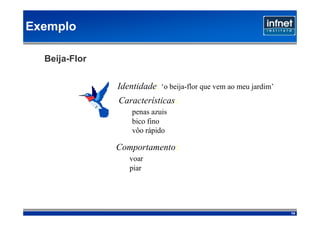Exemplo

  Beija-Flor

               Identidade: ‘o beija-flor que vem ao meu jardim’
               Características:
                   penas azuis
                   bico fino
                   vôo rápido

               Comportamento:
                  voar
                  piar




                                                                  14
 