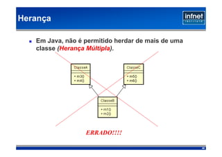 Herança

   Em Java, não é permitido herdar de mais de uma
   classe (Herança Múltipla).




                  ERRADO!!!!

                                                    48
 