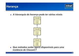 Herança

   A hierarquia de herança pode ter vários níveis




   Que métodos estão agora disponíveis para uma
   instância de ClasseC?
                                                    49
 