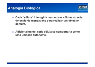 Analogia Biológica

    Cada “célula” interagiria com outras células através
    do envio de mensagens para realizar um objetivo
    comum.

    Adicionalmente, cada célula se comportaria como
    uma unidade autônoma.




                                                           5
 