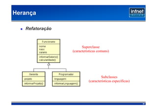 Herança

   Refatoração



                       Superclasse
                 (características comuns)‫‏‬




                                    Subclasses
                            (características específicas)‫‏‬




                                                             51
 