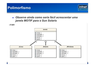 Polimorfismo

          Observe ainda como seria fácil acrescentar uma
          janela MOTIF para o Sun Solaris
::Unit1

                                    Janela

                         close(...)
                         maximize(...)
                         minimize(...)
                         move(...)
                         open(...)




               JLinux               JSolaris             JW indows

   close(...)            close(...)            close(...)
   maximize(...)         maximize(...)         maximize(...)
   minimize(...)         minimize(...)         minimize(...)
   move(...)             move(...)             move(...)
   open(...)             open(...)             open(...)




                                                                     66
 