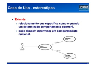Caso de Uso - estereótipos


  • Extends
    › relacionamento que especifica como e quando
      um determinado comportamento ocorrerá.
    › pode também determinar um comportamento
      opcional.




                                                    74
 