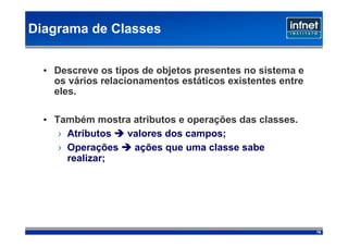 Diagrama de Classes


  • Descreve os tipos de objetos presentes no sistema e
    os vários relacionamentos estáticos existentes entre
    eles.

  • Também mostra atributos e operações das classes.
     › Atributos valores dos campos;
     › Operações  ações que uma classe sabe
       realizar;




                                                           78
 