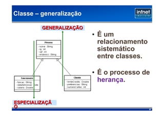 Classe – generalização

         GENERALIZAÇÃO
                         • É um
                           relacionamento
                           sistemático
                           entre classes.

                         • É o processo de
                           herança.


ESPECIALIZAÇÃ
O                                           87
 