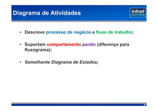 Diagrama de Atividades


  • Descreve processo de negócio e fluxo de trabalho;

  • Suportam comportamento paralo (diferença para
    fluxograma);

  • Semelhante Diagrama de Estados;




                                                        98
 