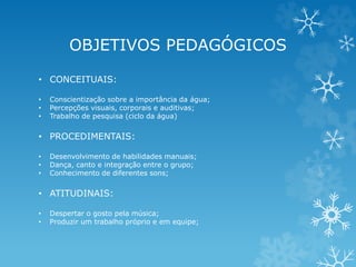 OBJETIVOS PEDAGÓGICOS 
• CONCEITUAIS: 
• Conscientização sobre a importância da água; 
• Percepções visuais, corporais e auditivas; 
• Trabalho de pesquisa (ciclo da água) 
• PROCEDIMENTAIS: 
• Desenvolvimento de habilidades manuais; 
• Dança, canto e integração entre o grupo; 
• Conhecimento de diferentes sons; 
• ATITUDINAIS: 
• Despertar o gosto pela música; 
• Produzir um trabalho próprio e em equipe; 
 