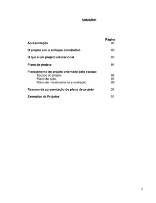 SUMÁRIO
2
Página
Apresentação 02
O projeto sob o enfoque construtivo 03
O que é um projeto educacional 03
Plano de projeto 04
Planejamento de projeto orientado pelo escopo
Escopo do projeto 04
Plano de ação 07
Plano de monitoramento e avaliação 08
Resumo da apresentação do plano de projeto 09
Exemplos de Projetos 10
 