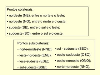 Pontos colaterais:
• nordeste (NE), entre o norte e o leste;
• noroeste (NO), entre o norte e o oeste;
• sudeste (SE), entre o sul e o leste;
• sudoeste (SO), entre o sul e o oeste.

       Pontos subcolaterais:
       • norte-nordeste (NNE); • sul - sudoeste (SSO);
       • leste-nordeste (ENE);    • oeste-sudoeste (OSO);

       • lese-sudeste (ESE);      • oeste-noroeste (ONO);

       • sul-sudeste (SSE);       • norte-nordeste (NNO).
 