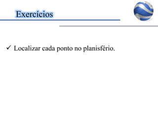 Exercícios
Localizar cada ponto no planisfério.