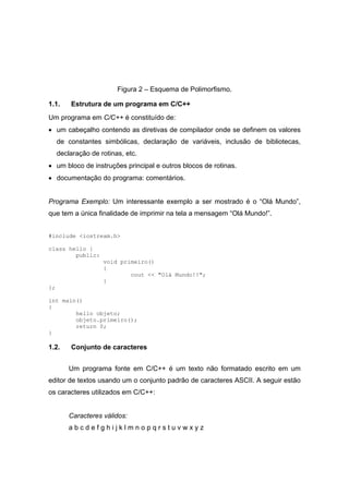 Figura 2 – Esquema de Polimorfismo.
1.1. Estrutura de um programa em C/C++
Um programa em C/C++ é constituído de:
• um cabeçalho contendo as diretivas de compilador onde se definem os valores
de constantes simbólicas, declaração de variáveis, inclusão de bibliotecas,
declaração de rotinas, etc.
• um bloco de instruções principal e outros blocos de rotinas.
• documentação do programa: comentários.
Programa Exemplo: Um interessante exemplo a ser mostrado é o “Olá Mundo”,
que tem a única finalidade de imprimir na tela a mensagem “Olá Mundo!”.
#include <iostream.h>
class hello {
public:
void primeiro()
{
cout << "Olá Mundo!!";
}
};
int main()
{
hello objeto;
objeto.primeiro();
return 0;
}
1.2. Conjunto de caracteres
Um programa fonte em C/C++ é um texto não formatado escrito em um
editor de textos usando um o conjunto padrão de caracteres ASCII. A seguir estão
os caracteres utilizados em C/C++:
Caracteres válidos:
a b c d e f g h i j k l m n o p q r s t u v w x y z
 