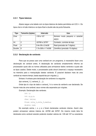 2.3.1 Tipos básicos
Abaixo segue uma tabela com os tipos básicos de dados permitidos em C/C++. Os
tipos char e int são inteiros e os tipos float e double são de ponto flutuante.
Tipo Tamanho (bytes) Intervalo Uso
Char 1 -128 a 127 Número muito pequeno e caracter
ASCII
Int 2 -32768 a 32767 Contador, controle de laço
Float 4 3.4e-38 a 3.4e38 Real (precisão de 7 dígitos)
Double 8 1.7e-308 a 1.7e308 Cientifico (precisão 15 dígitos)
2.3.2 Declaração de variáveis
Para que se possa usar uma variável em um programa, é necessário fazer uma
declaração de variável antes. A declaração de variáveis simplesmente informa ao
processador quais são os nomes utilizados para armazenar dados variáveis e quais são
os tipos usados. Deste modo, o processador pode alocar (reservar) o espaço necessário
na memória para a manipulação destas variáveis. É possível declarar mais de uma
variável ao mesmo tempo, basta separá-las por vírgulas (,).
Sintaxe: A sintaxe para declaração de variáveis é a seguinte:
tipo variavel_1 [, variavel_2, ...] ;
Onde tipo é o tipo de dado e variavel_1 é o nome da variável a ser declarada. Se
houver mais de uma variável, seus nomes são separados por vírgulas.
Exemplo: Declaração das variáveis:
int i;
int x,y,z;
char letra;
float nota_1,nota_2,media;
double num;
No exemplo acima, i, x, y e z foram declaradas variáveis inteiras. Assim elas
podem armazenar valores inteiros de -32768 até 32767. Do mesmo modo letra foi
declarada como variável caracter podendo receber valores de -128 até 127 ou caracteres
 