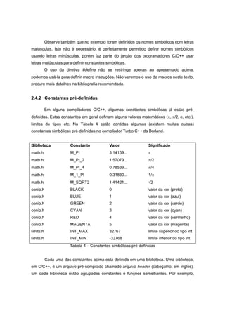 Observe também que no exemplo foram definidos os nomes simbólicos com letras
maiúsculas. Isto não é necessário, é perfeitamente permitido definir nomes simbólicos
usando letras minúsculas, porém faz parte do jargão dos programadores C/C++ usar
letras maiúsculas para definir constantes simbólicas.
O uso da diretiva #define não se restringe apenas ao apresentado acima,
podemos usá-la para definir macro instruções. Não veremos o uso de macros neste texto,
procure mais detalhes na bibliografia recomendada.
2.4.2 Constantes pré-definidas
Em alguns compiladores C/C++, algumas constantes simbólicas já estão pré-
definidas. Estas constantes em geral definam alguns valores matemáticos (π, π/2, e, etc.),
limites de tipos etc. Na Tabela 4 estão contidas algumas (existem muitas outras)
constantes simbólicas pré-definidas no compilador Turbo C++ da Borland.
Biblioteca Constante Valor Significado
math.h M_PI 3.14159... π
math.h M_PI_2 1.57079... π/2
math.h M_PI_4 0,78539... π/4
math.h M_1_PI 0,31830... 1/π
math.h M_SQRT2 1,41421... √2
conio.h BLACK 0 valor da cor (preto)
conio.h BLUE 1 valor da cor (azul)
conio.h GREEN 2 valor da cor (verde)
conio.h CYAN 3 valor da cor (cyan)
conio.h RED 4 valor da cor (vermelho)
conio.h MAGENTA 5 valor da cor (magenta)
limits.h INT_MAX 32767 limite superior do tipo int
limits.h INT_MIN -32768 limite inferior do tipo int
Tabela 4 – Constantes simbólicas pré-definidas
Cada uma das constantes acima está definida em uma biblioteca. Uma biblioteca,
em C/C++, é um arquivo pré-compilado chamado arquivo header (cabeçalho, em inglês).
Em cada biblioteca estão agrupadas constantes e funções semelhantes. Por exemplo,
 