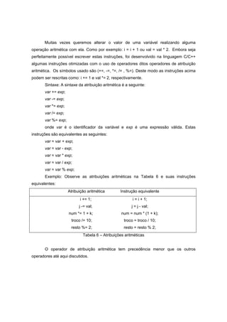 Muitas vezes queremos alterar o valor de uma variável realizando alguma
operação aritmética com ela. Como por exemplo: i = i + 1 ou val = val * 2. Embora seja
perfeitamente possível escrever estas instruções, foi desenvolvido na linguagem C/C++
algumas instruções otimizadas com o uso de operadores ditos operadores de atribuição
aritmética. Os símbolos usado são (+=, -=, *=, /= , %=). Deste modo as instruções acima
podem ser rescritas como: i += 1 e val *= 2, respectivamente.
Sintaxe: A sintaxe da atribuição aritmética é a seguinte:
var += exp;
var -= exp;
var *= exp;
var /= exp;
var %= exp;
onde var é o identificador da variável e exp é uma expressão válida. Estas
instruções são equivalentes as seguintes:
var = var + exp;
var = var - exp;
var = var * exp;
var = var / exp;
var = var % exp;
Exemplo: Observe as atribuições aritméticas na Tabela 6 e suas instruções
equivalentes:
Atribuição aritmética Instrução equivalente
i += 1; i = i + 1;
j -= val; j = j - val;
num *= 1 + k; num = num * (1 + k);
troco /= 10; troco = troco / 10;
resto %= 2; resto = resto % 2;
Tabela 6 – Atribuições aritméticas
O operador de atribuição aritmética tem precedência menor que os outros
operadores até aqui discutidos.
 