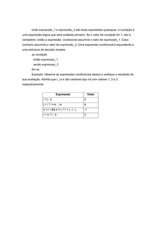 onde expressão_1 e expressão_2 são duas expressões quaisquer, e condição é
uma expressão lógica que será avaliada primeiro. Se o valor de condição for 1, isto é,
verdadeiro, então a expressão condicional assumirá o valor de expressão_1. Caso
contrario assumirá o valor de expressão_2. Uma expressão condicional é equivalente a
uma estrutura de decisão simples:
se condição
então expressao_1
senão expressao_2
fim se
Exemplo: Observe as expressões condicionais abaixo e verifique o resultado de
sua avaliação. Admita que i, j e k são variáveis tipo int com valores 1, 2 e 3,
respectivamente.
Expressão Valor
i ? j : k 2
j > i ? ++k : --k 4
k == i && k != j ? i + j : i - j -1
i > k ? i : k 3
 