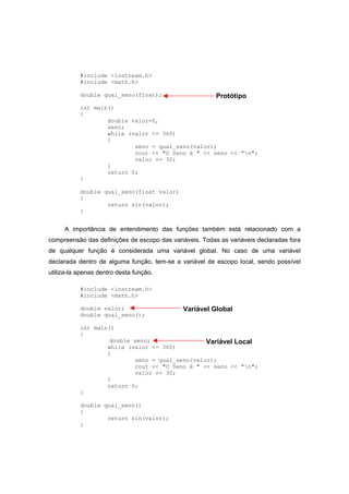 #include <iostream.h>
#include <math.h>
double qual_seno(float);
int main()
{
double valor=0,
seno;
while (valor <= 360)
{
seno = qual_seno(valor);
cout << "O Seno é " << seno << "n";
valor += 30;
}
return 0;
}
double qual_seno(float valor)
{
return sin(valor);
}
A importância de entendimento das funções também está relacionado com a
compreensão das definições de escopo das variáveis. Todas as variáveis declaradas fora
de qualquer função é considerada uma variável global. No caso de uma variável
declarada dentro de alguma função, tem-se a variável de escopo local, sendo possível
utiliza-la apenas dentro desta função.
#include <iostream.h>
#include <math.h>
double valor;
double qual_seno();
int main()
{
double seno;
while (valor <= 360)
{
seno = qual_seno(valor);
cout << "O Seno é " << seno << "n";
valor += 30;
}
return 0;
}
double qual_seno()
{
return sin(valor);
}
Protótipo
Variável Global
Variável Local
 