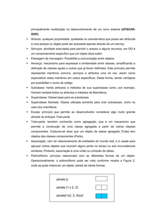 principalmente reutilização no desenvolvimento de um novo sistema [UFSCAR-
OOP].
Atributo: qualquer propriedade, qualidade ou característica que possa ser atribuída
a uma pessoa ou objeto pode ser acessada apenas através de um serviço.
Serviços: atividade executada para permitir o acesso a alguns recursos, em OO é
um comportamento específico que um objeto deve exibir.
Passagem de mensagem: Possibilita a comunicação entre objetos.
Herança: mecanismo para expressar a similaridade entre classes, simplificando a
definição de classes iguais a outras que já foram definidas. Este princípio permite
representar membros comuns, serviços e atributos uma só vez, assim como
especializar estes membros em casos específicos. Desta forma, sendo vantajoso
por possibilitar o reuso de código.
Subclasse: herda atributos e métodos de sua superclasse como, por exemplo,
Homem herdará todos os atributos e métodos de Mamíferos.
Superclasse: Classe base para as subclasses.
Superclasse Abstrata: Classe utilizada somente para criar subclasses, como no
caso dos mamíferos.
Escala: princípio que permite ao desenvolvedor considerar algo muito grande
através do enfoque Todo-parte.
Todo-parte: também conhecido como agregação, que é um mecanismo que
permite a construção de uma classe agregada a partir de outras classes
componentes. Costuma-se dizer que um objeto da classe agregada (Todo) tem
objetos das classes componentes (Parte).
Associação: vem do relacionamento de entidades do mundo real, e é usada para
agrupar certos objetos que ocorrem algum ponto no tempo ou sob circunstâncias
similares. Portanto, associação é uma união ou conexão de idéias.
Polimorfismo: princípio relacionado com as diferentes formas de um objeto.
Operacionalmente, o polimorfismo pode ser visto conforme mostra a Figura 2,
onde se pode instanciar um objeto Janela de várias formas.
Janela ()
Janela (1 x 2, 2)
Janela(1x2, 2, Azul)
 