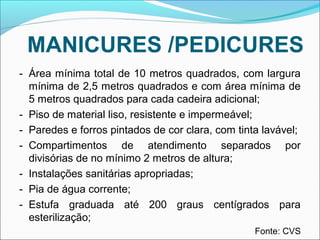 MANICURES /PEDICURES 
- Área mínima total de 10 metros quadrados, com largura 
mínima de 2,5 metros quadrados e com área mínima de 
5 metros quadrados para cada cadeira adicional; 
- Piso de material liso, resistente e impermeável; 
- Paredes e forros pintados de cor clara, com tinta lavável; 
- Compartimentos de atendimento separados por 
divisórias de no mínimo 2 metros de altura; 
- Instalações sanitárias apropriadas; 
- Pia de água corrente; 
- Estufa graduada até 200 graus centígrados para 
esterilização; 
Fonte: CVS 
 
