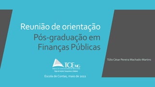 Reunião de orientação
Pós-graduação em
Finanças Públicas
Túlio César Pereira Machado-Martins
Escola de Contas, maio de 2022
 