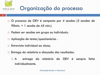 Organização do processo
5


       O processo de OEV é composto por 4 sessões (3 sessões de
        90min. + 1 sessão de 45 min.).
       Podem ser sessões em grupo ou individuais.
       Aplicação de testes/questionários .
       Entrevista individual ao aluno.
       Entrega do relatório e discussão dos resultados.
           A     entrega do relatório de OEV é sempre feita
            individualmente.
                              Orientação Escolar e Vocacional
 