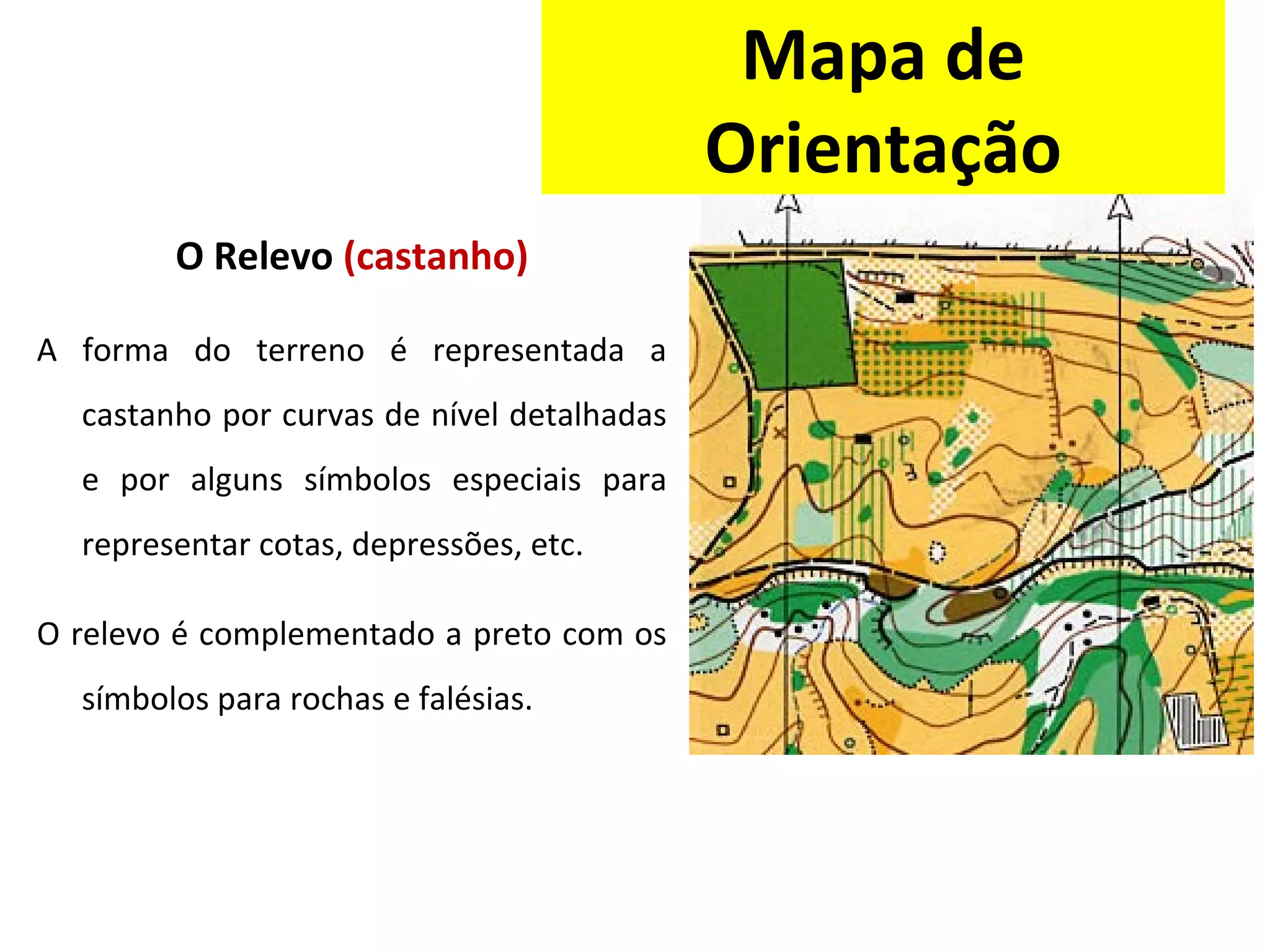 O Relevo (castanho)
A forma do terreno é representada a
castanho por curvas de nível detalhadas
e por alguns símbolos especiais para
representar cotas, depressões, etc.
O relevo é complementado a preto com os
símbolos para rochas e falésias.
Mapa de
Orientação
 